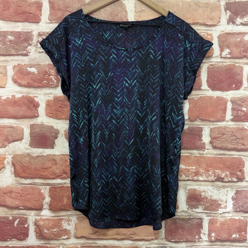 Express Top Women's Large Black Multicolor Abstract Satin Casual Career Shirt